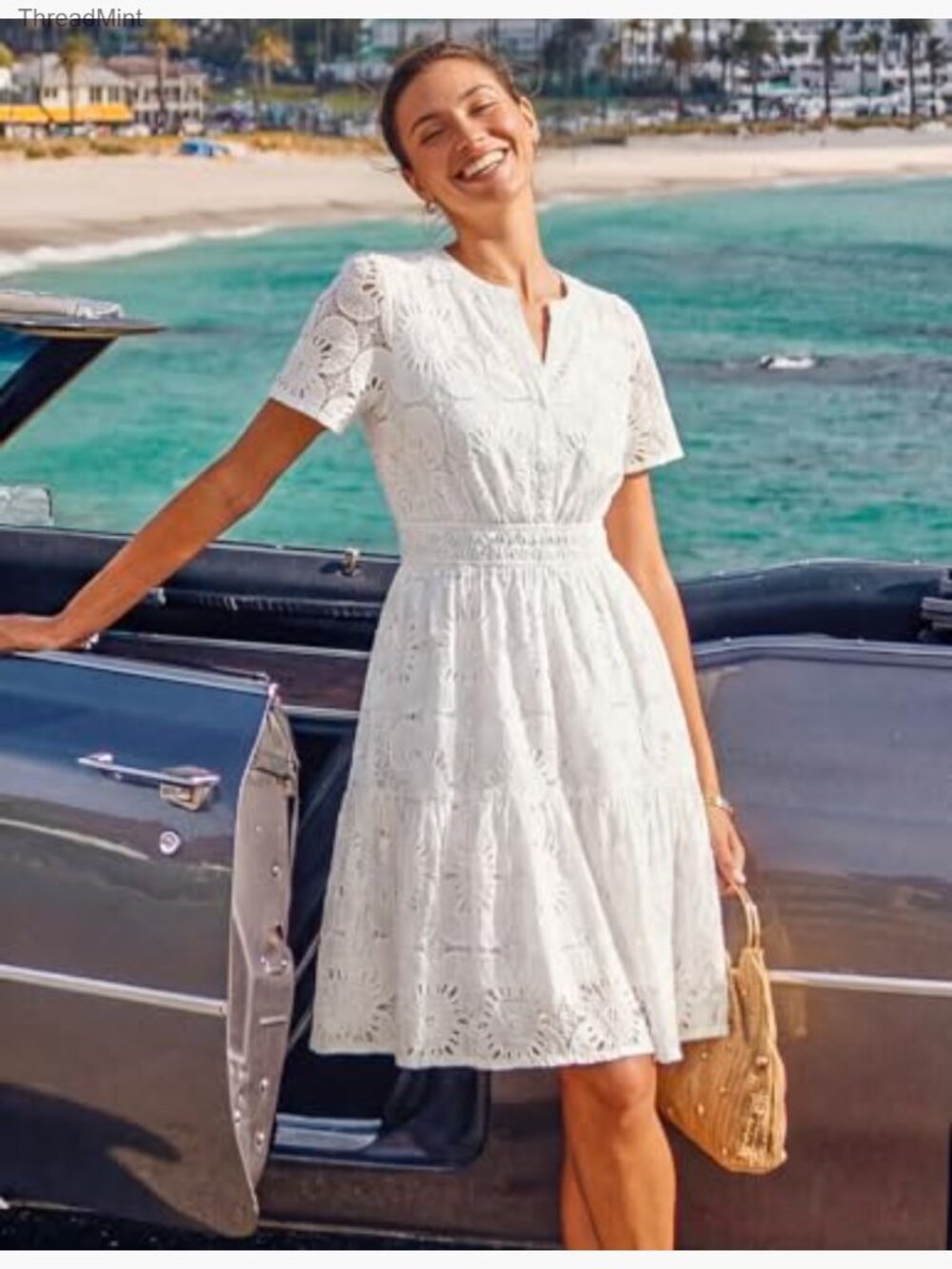 Lace Eyelet Mini Dress with Puff Sleeves, V-Neck, Side Pockets - Picture 3 of 7